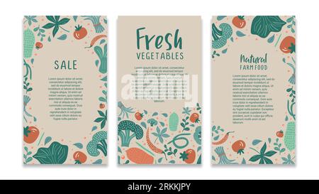 Modello di social media food con banner colorato con disegno vegetale. Alimenti salutari vegani per la promozione aziendale e il mercato dei negozi. Illustrazione Vettoriale