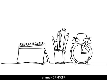 Un disegno continuo della sveglia con libro, matita, penna, righello, calendario, nota sulla scrivania. Ritorno a scuola stile minimalista. Istruzione conce Illustrazione Vettoriale