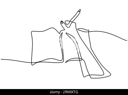 Disegno a linea continua singolo della scrittura gestuale della mano su un libro aperto sulla scrivania. Scrivere lavoro a casa o bozze di affari. College Student study desk co Illustrazione Vettoriale