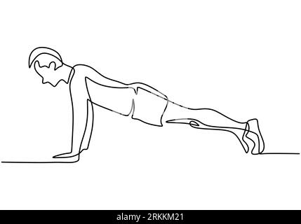 One continuous line drawing of young man training doing push ups in a fitness training gym isolated on white background. A male preparing for pushing Stock Vector