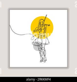 Single line drawing girl playing violin, female woman perform music. Minimalist looping style hand drawn. Stock Vector