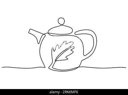 Disegno continuo della teiera. Bollitore vintage con manico immagine isolata su sfondo bianco, linea disegnata a mano, design minimalista. Pausa caffè, Illustrazione Vettoriale