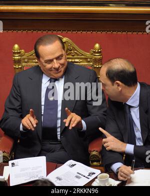 Bildnummer: 56264320  Datum: 14.12.2010  Copyright: imago/Xinhua (111109) -- ROME, (Xinhua) -- File photo taken on Dec. 14, 2010 shows Italian Prime Minister Silvio Berlusconi (L) and then Justice Minister Angelino Alfano talk during a confidence vote at the Senate in Rome, Italy. Berlusconi confirmed Wednesday he will not run again for office and nominated Angelino Alfano, head of his of Liberties Party, as successor. (Xinhua/Wang Qingqin) (zx) ITALY-POLITICS-BERLUSCONI-ALFANO PUBLICATIONxNOTxINxCHN People Politik xjh x0x premiumd 2010 hoch     56264320 Date 14 12 2010 Copyright Imago XINHUA Stock Photo