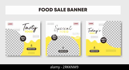 Post sui social media per poster dell'offerta di promozione alimentare. Cibo sano social media post template design. Colore di sfondo giallo e bianco per il settore alimentare Illustrazione Vettoriale