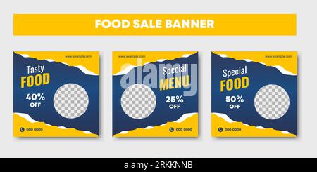 Set di frame post sui social media. Modelli di social media modificabili per le promozioni sul menu del cibo. Sfondi di design astratto di colore giallo e blu per Illustrazione Vettoriale