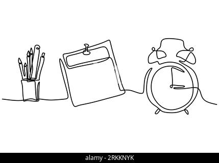 Un disegno continuo della sveglia con libro, matita, penna, righello, calendario, nota sulla scrivania. Ritorno a scuola stile minimalista. Istruzione conce Illustrazione Vettoriale