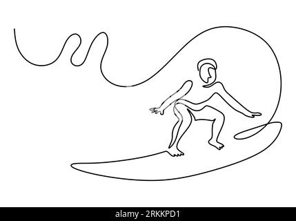 Disegno continuo a una linea di un uomo o una persona energici che fa surf in acqua. Wave rider o surfista in piedi sulla tavola da surf in spiaggia isolata su bianco Illustrazione Vettoriale