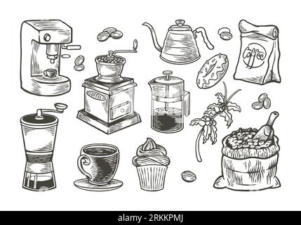 Hand drawn Coffee set with vintage engraving style isolated on white background Illustrazione Vettoriale