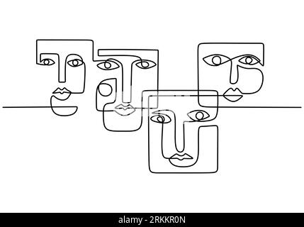 Una faccia astratta con disegno a linea continua. Contorno estetico in stile tribale etnico isolato su sfondo bianco. Ottimo per l'arredamento domestico come i poster Illustrazione Vettoriale