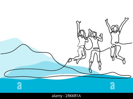 Continuous line drawing people jump. Happy group of female. Young women cheerful graphic hand drawn minimalist. Illustrazione Vettoriale