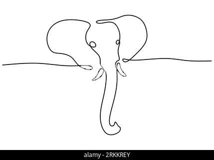 Disegno continuo a una linea della testa di elefante isolato su sfondo bianco. Concetto di logo animale selvatico. Faccia a elefante disegnata a mano art minimalista Illustrazione Vettoriale