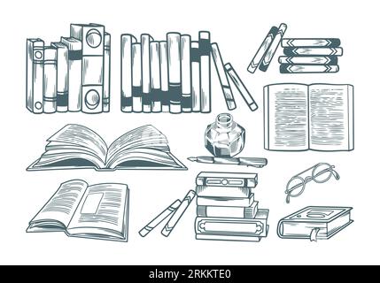 Libreria vintage disegnata a mano con set di incisioni isolato su sfondo bianco Illustrazione Vettoriale