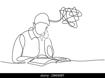 Uomo con problemi di salute mentale. Disegno continuo a una linea, stile minimalista della persona con mal di testa e stress. Persone frustrate in condizioni tristi. Illustrazione Vettoriale