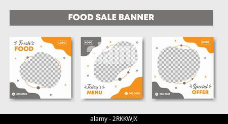 Social media post template for food promotion banner frame. Set of editable social media templates for promotion on the food menu. Orange, grey and wh Stock Vector
