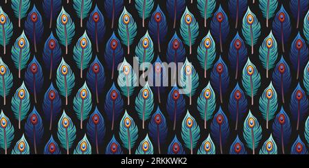 Seamless pattern with Peacock feather decoration. Colorful peacock feathers. and flying butterflies. Embroidery. Tropical birds art. Fashion template Illustrazione Vettoriale
