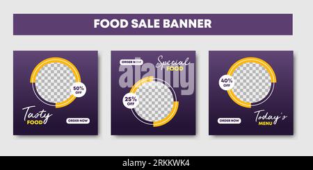 Food social media web banner design template bundle. Suitable for restaurant or cafe menu discount square template digital marketing and advertising s Illustrazione Vettoriale