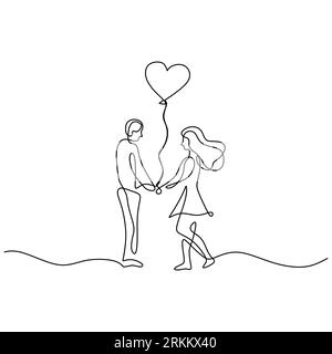 disegnare una linea continua di coppie romantiche che giocano a palloncini. L'uomo dà palloncini al suo amante isolato su sfondo bianco. Illustrazione Vettoriale