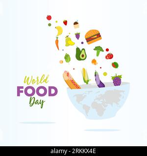 Illustrazione vettoriale della giornata mondiale del cibo, decorazione del pasto, verdure e frutta. Banner di celebrazione del concetto creativo per alimenti sani. Illustrazione Vettoriale