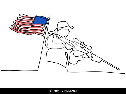 Disegno continuo a una linea dello sfondo del giorno patriota con bandiera americana e soldato portare la pistola isolata su sfondo bianco. Illustrazione Vettoriale