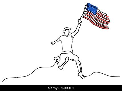 Continuous one line drawing of patriot day background with a running man bring american flag isolated on white background. Stock Vector