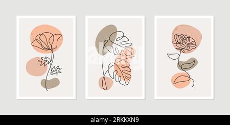 Continuous one line of modern abstract leaves, flower and rose arts background with different shapes for wall decoration, postcard or brochure cover d Illustrazione Vettoriale