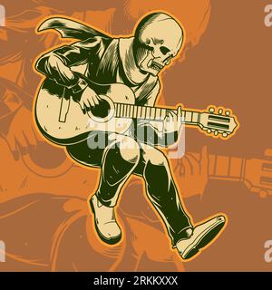 Skull and guitar e illustrazione heavy metal. Scary Skeleton chitarrista rock star che suona la chitarra elettrica. Design hard rock per t-shirt o tat Illustrazione Vettoriale