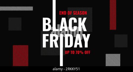 Banner di fine stagione per gli sconti del Black friday con lettera di sconto fino al 70% e forma geometrica rossa bianca. Illustrazione Vettoriale