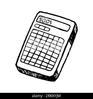 Calculator stationery equipment. Office tool electronic calculator. Business finance device concept template hand drawn in black and white vector illu Stock Vector