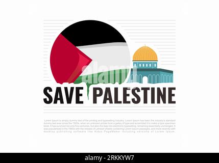 Salvare la Palestina. Sfondo bandiera Palestina libera, volantino, illustrazione vettoriale banner. Elemento di design per cartelloni, poster, striscioni, t-shirt, stampa. Illustrazione Vettoriale