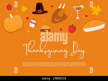 Calligrafia del banner della vendita del giorno del Ringraziamento. Iscrizione Happy Thanksgiving stagione autunnale. Design vettoriale di zucca e foglia d'acero a prezzi scontati Illustrazione Vettoriale