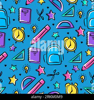 Modello senza cuciture di materiale scolastico disegnato a mano su sfondo blu Illustrazione Vettoriale