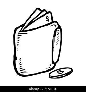 Portafoglio con soldi in dollari disegno di portafoglio pieno di contanti portafoglio con banconote e monete in dollari illustrazione vettoriale disegnata a mano isolata su sfondo bianco Illustrazione Vettoriale