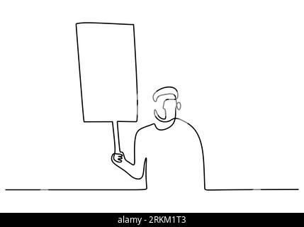 Disegno continuo a una riga di un uomo portare una tavola dimostrativa. Concetto di linea del primo giorno di democrazia isolato su sfondo bianco. Illustrazione Vettoriale