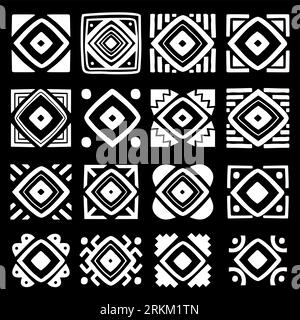 Set of tribal tiles isolated on black background. Square tribal ornaments set. abstract rectangle ornaments. Decorative patterns Tribal ethnic motifs. Stock Vector