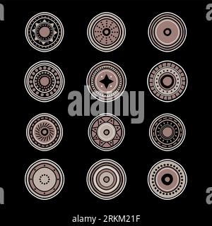 Serie di dodici monete tribali isolate su sfondo nero. Set di ornamenti tribali circolari. ornamenti circolari astratti. Motivi decorativi Tribal etnico m Illustrazione Vettoriale