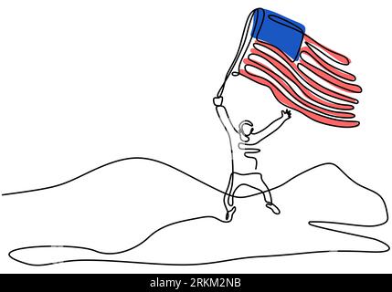 Disegno continuo a una riga dello sfondo del giorno patriota con un uomo che batte bandiera americana isolato su sfondo bianco. Illustrazione Vettoriale