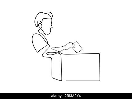 Riga singola continua di un uomo che inserisce la carta per il voto nella scatola. Concetto di linea del primo giorno di democrazia isolato su sfondo bianco. Illustrazione Vettoriale