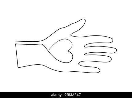 mano con amore cuore disegno di una linea, carità e gentilezza simbolo di cura e aiuto alle persone. Contorno minimalista illustrazione vettoriale disegnata a mano. Illustrazione Vettoriale