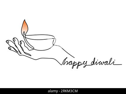 Disegno continuo a una linea di diwali o deepavali con le mani in mano con la candela della lampada. Festa del festival indiano. Illustrazione vettoriale Illustrazione Vettoriale