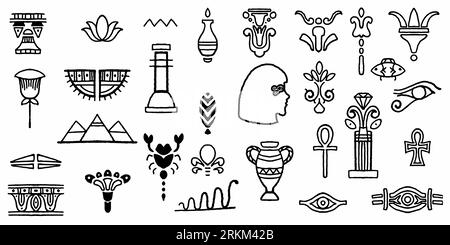 Set of hand drawn egyptian maya ancient symbol isolated on white background. Illustrazione Vettoriale