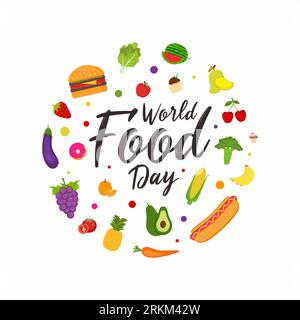 Illustrazione vettoriale della giornata mondiale del cibo, decorazione del pasto, verdure e frutta. Banner di celebrazione del concetto creativo per alimenti sani. Illustrazione Vettoriale