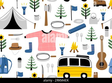Attrezzatura da campeggio disegnata a mano modello senza cuciture Illustrazione Vettoriale