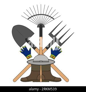 Set di vari attrezzi da giardinaggio per il giardinaggio e l'agricoltura. Illustrazione vettoriale. Set di attrezzi agricoli. Collezione di strumenti da giardino. Rastrello, pala, vanga a Illustrazione Vettoriale