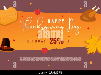 Calligrafia del banner della vendita del giorno del Ringraziamento. Iscrizione Happy Thanksgiving stagione autunnale. Design vettoriale di zucca e foglia d'acero a prezzi scontati Illustrazione Vettoriale