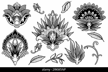 Set of ethnic hand drawn kalamkari or paisley isolated on white background. Stock Vector