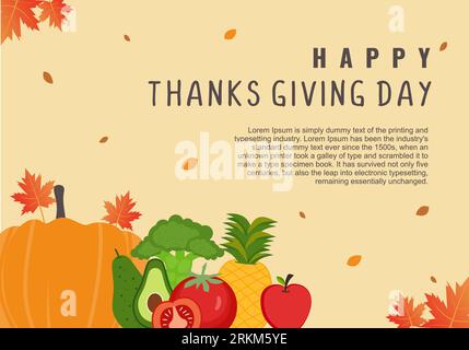 Messaggio del Ringraziamento con raccolta di zucche autunnali e altri frutti con foglie autunnali. Poster autunnale dell'evento happy Thanksgiving Day, b Illustrazione Vettoriale