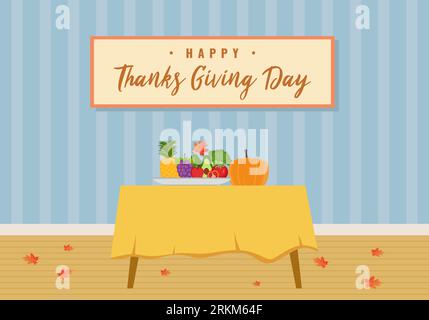 Giorno del Ringraziamento con foglie autunnali, zucche autunnali e altri frutti. Biglietto d'auguri in stile vintage per il giorno del Ringraziamento con scritta "Happy th" Illustrazione Vettoriale