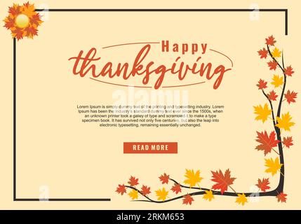Buon giorno di ringraziamento con foglie autunnali. Scritte a mano in calligrafia moderna. Modello festivo per biglietti di auguri, inviti, banner, ecc. Vect Illustrazione Vettoriale