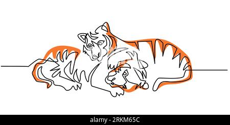 Disegno continuo a una linea di una coppia Tiger che si abbraccia Illustrazione Vettoriale
