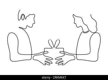 couple in love one line drawing, giving gift present with ribbon. Love and care symbol metaphor. Minimalist romantic moment capture in sketch vector i Stock Vector